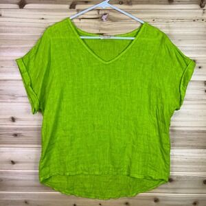 Sofia Made in Italy Blouse Womens Small Lime Green Linen Short Sleeve Shirt